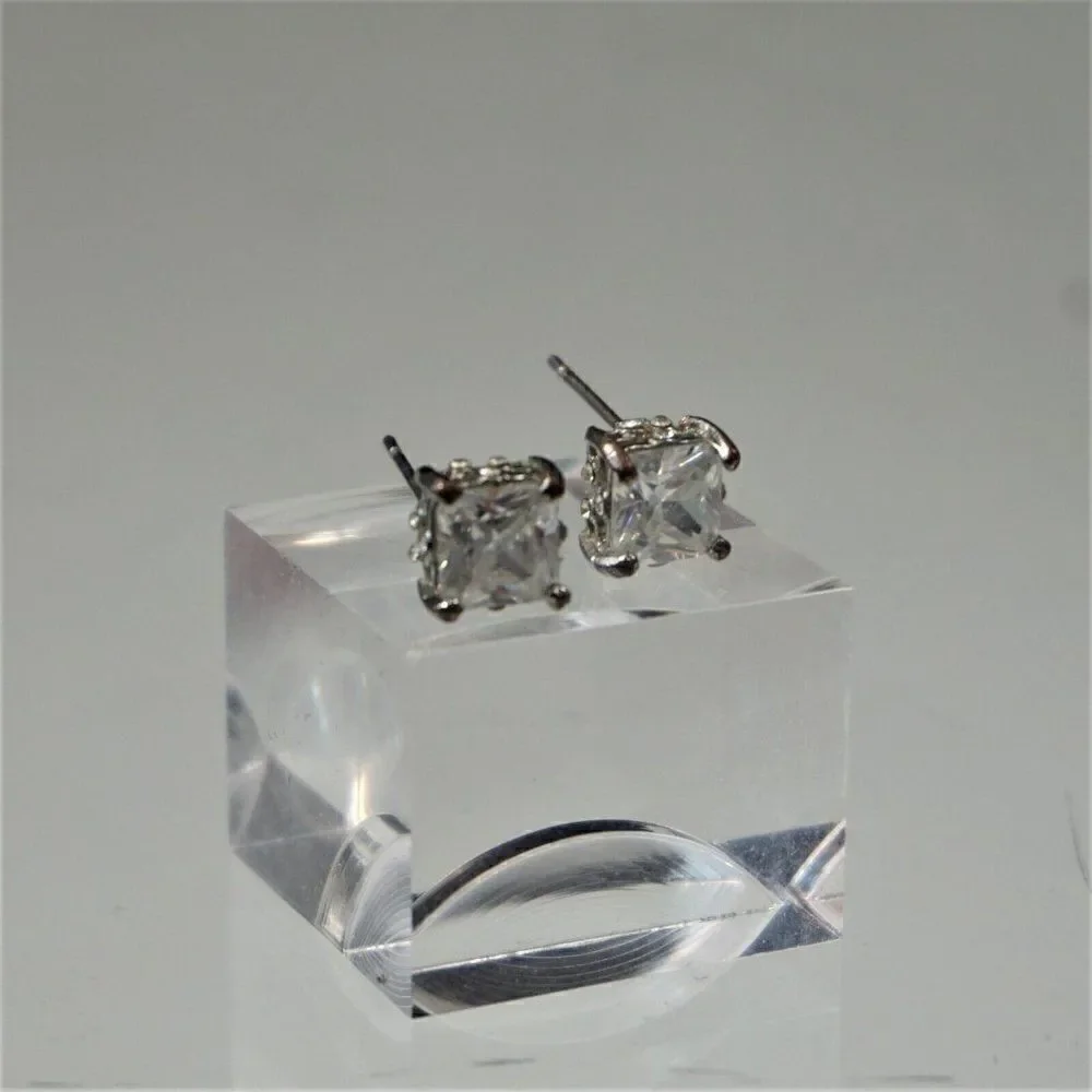 Vintage Cubic Zirconia Stud Earrings 7 mm Square Princess Cut Clear Unisex